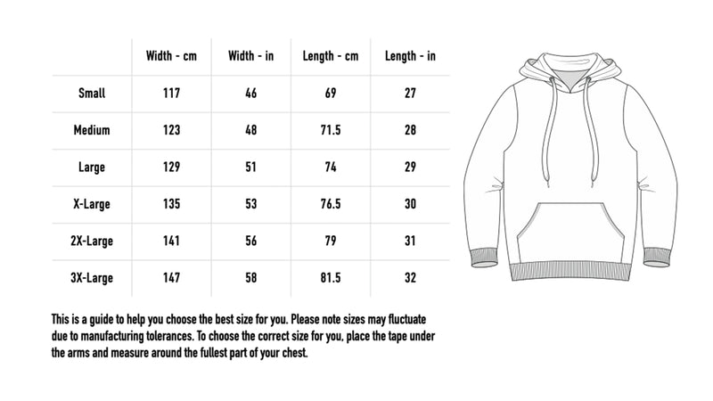 Size chart for Tarot Hoodie - Black